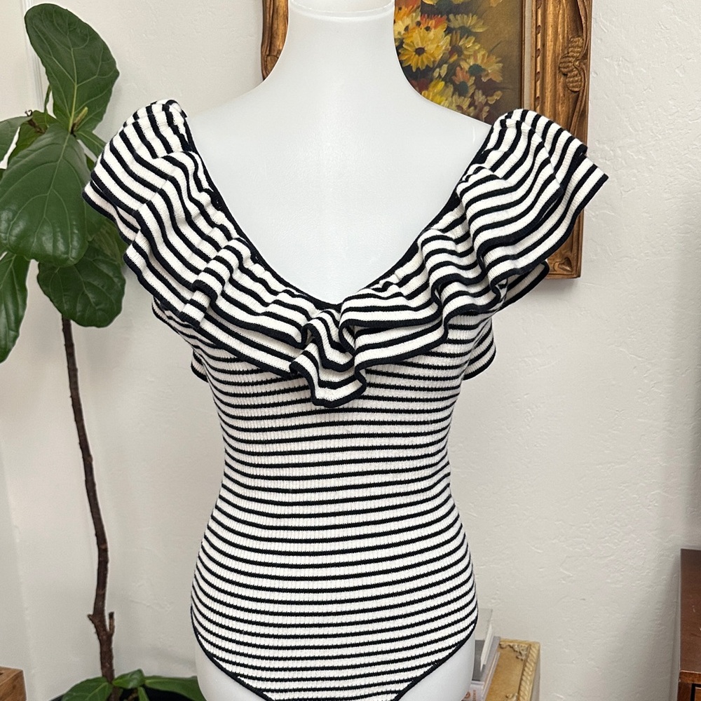 Sezane Black and White striped Ruffle Bodysuit